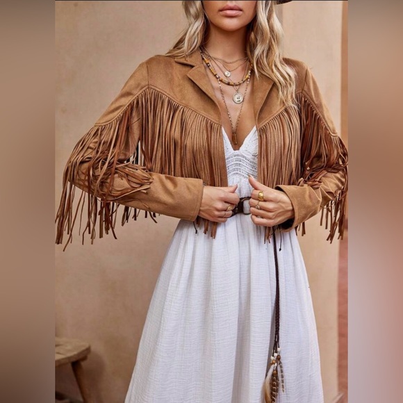 chartou Jackets & Blazers - Chartou|Brown Faux Suede full fringe boho western jacket!NWT, Festival Ready!